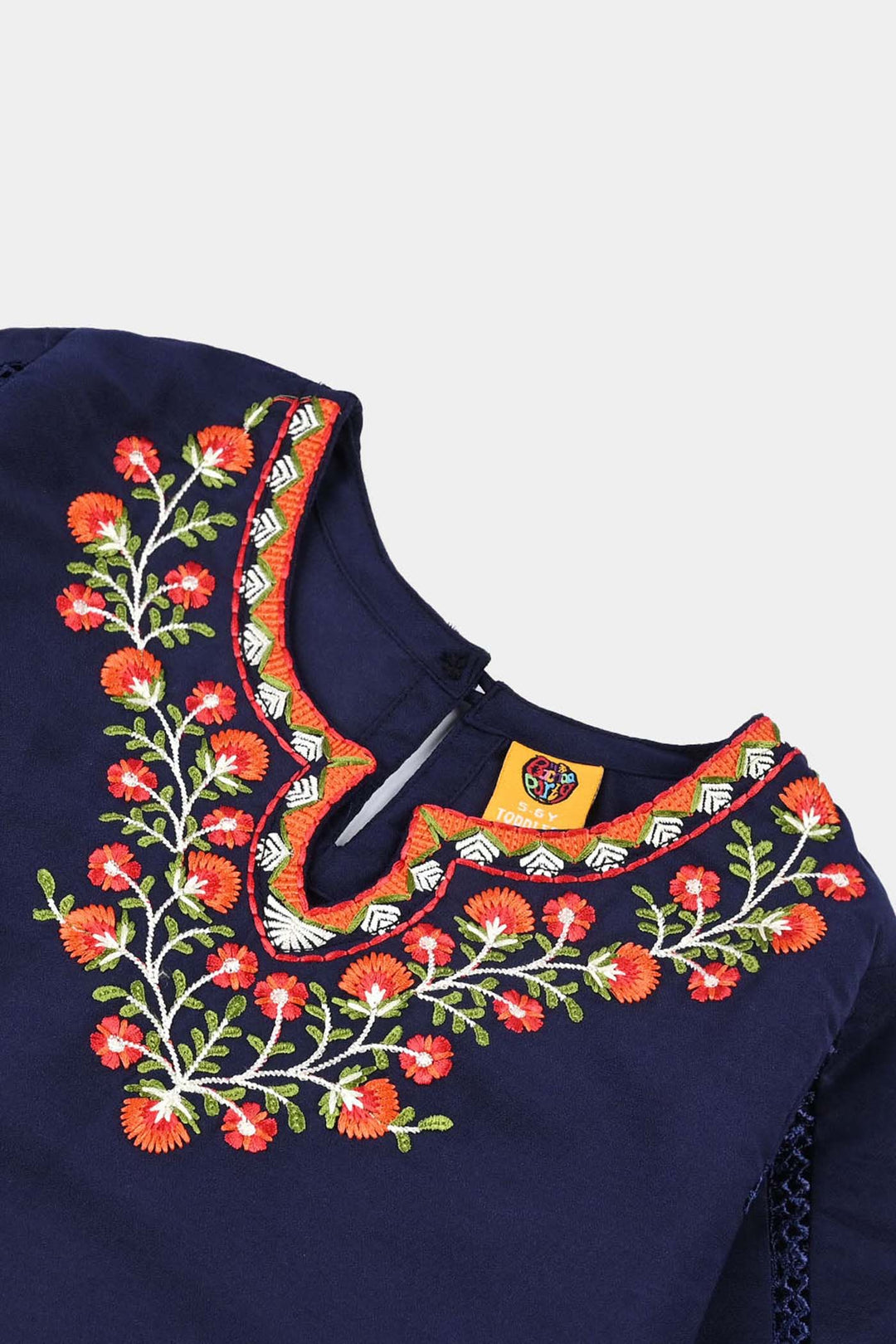 Girls poly cambric Emb Kurti Saya - Navy Blue