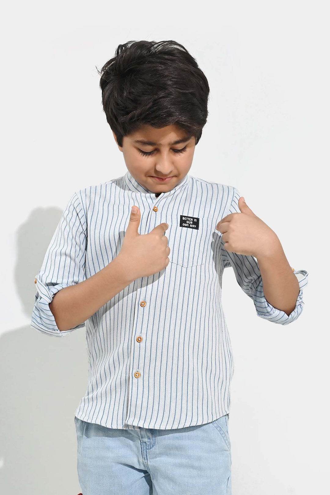 Boys Yarn Dyed Shirt F/S - Navy Stripe