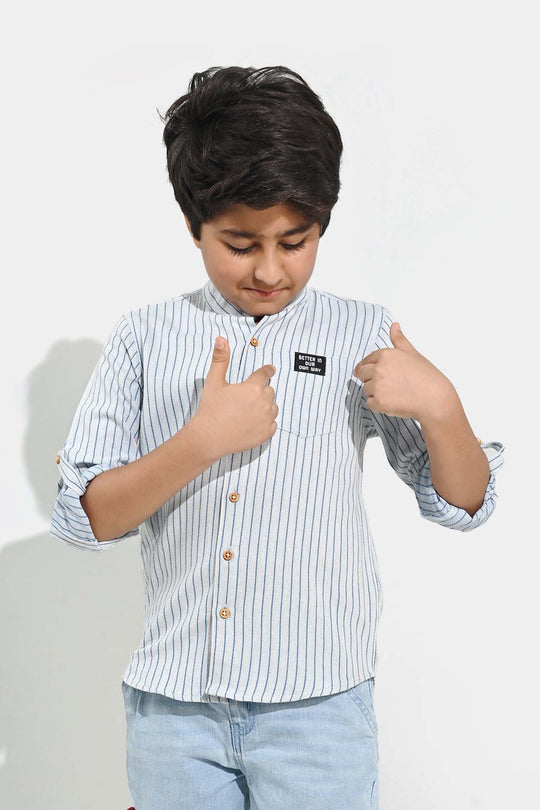Boys Yarn Dyed Shirt F/S - Navy Stripe
