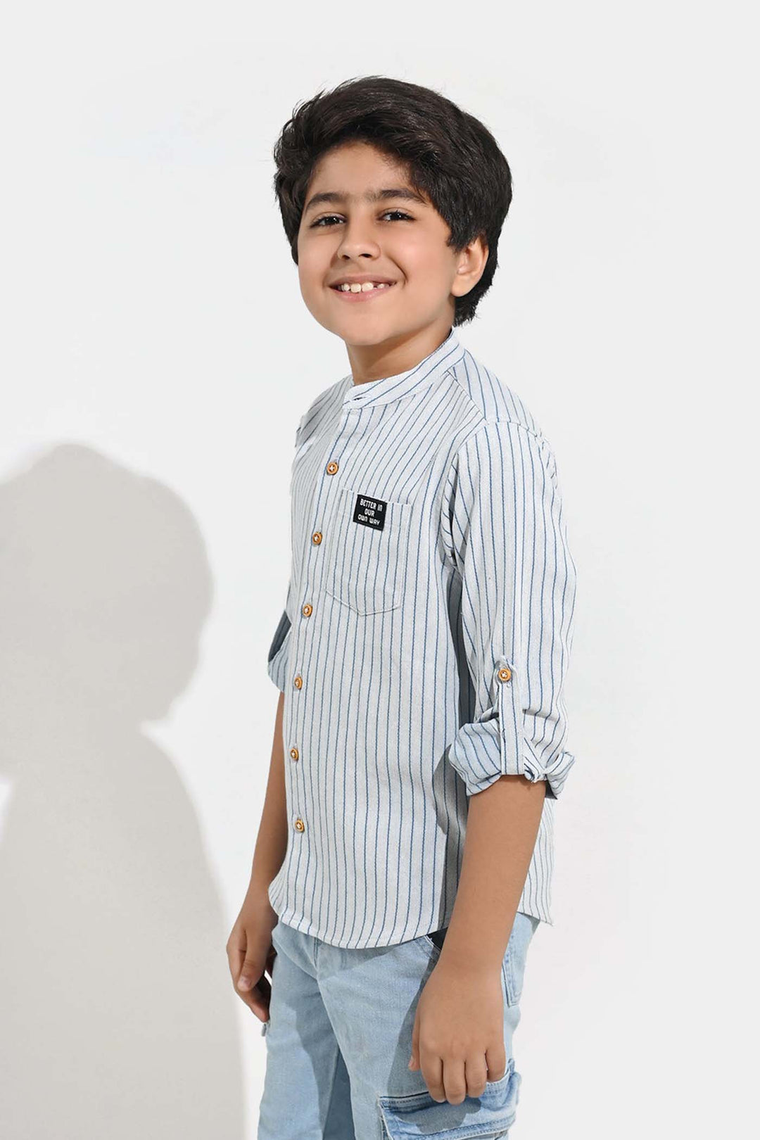 Boys Yarn Dyed Shirt F/S - Navy Stripe