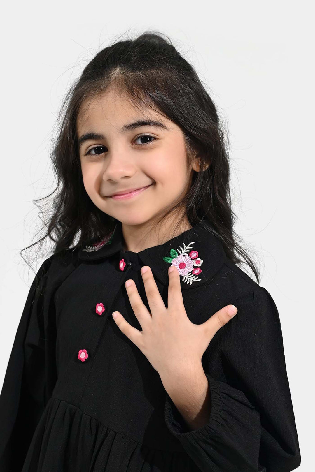 Girls Poly Crinkle Emb Frock BLACK