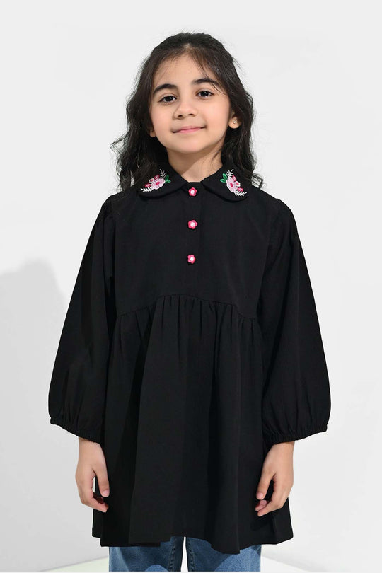 Girls Poly Crinkle Emb Frock BLACK