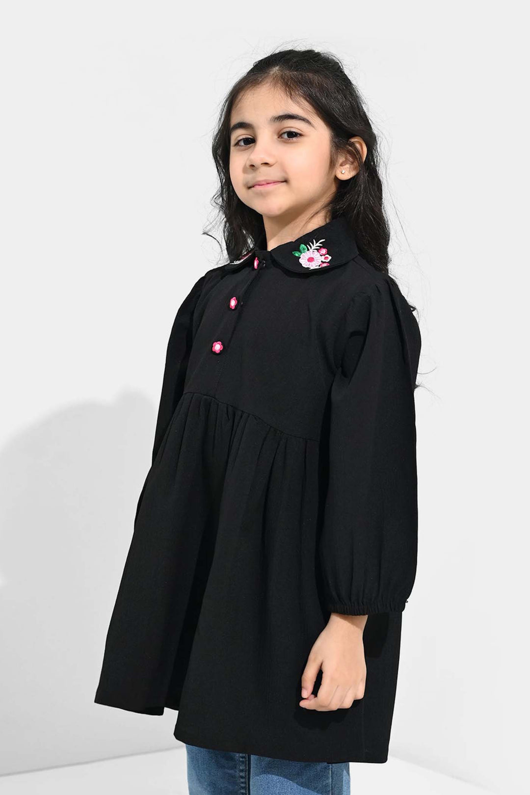 Girls Poly Crinkle Emb Frock BLACK