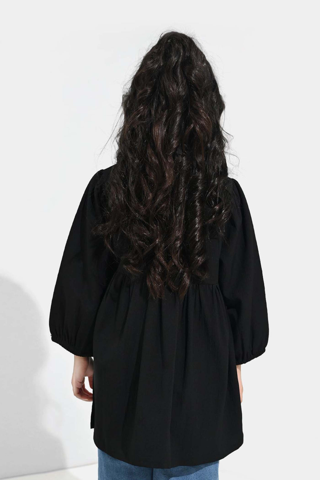 Girls Poly Crinkle Emb Frock BLACK