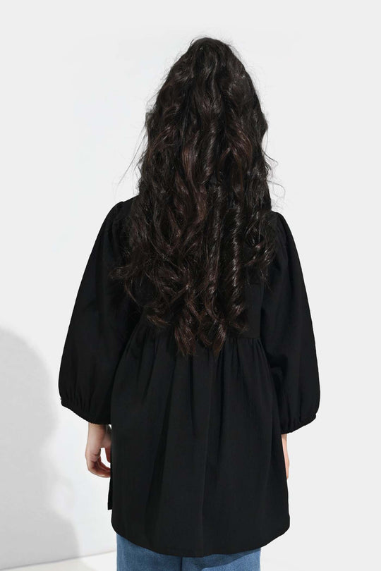 Girls Poly Crinkle Emb Frock BLACK