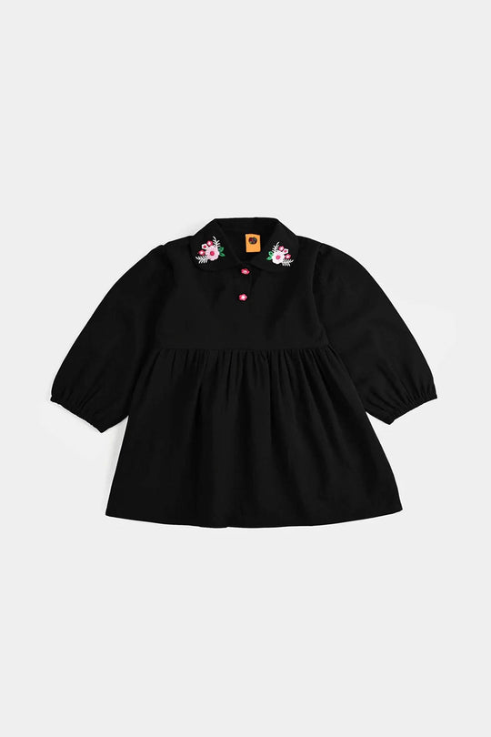 Infant Girls Poly Crinkle Emb Frock-BLACK