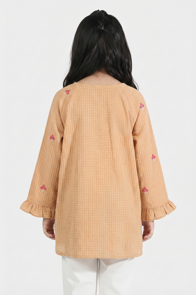 Girls Cotton Embroidered Top - Mustard
