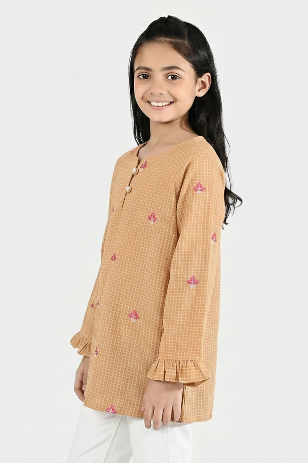 Girls Cotton Embroidered Top - Mustard