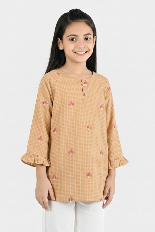 Girls Cotton Embroidered Top - Mustard