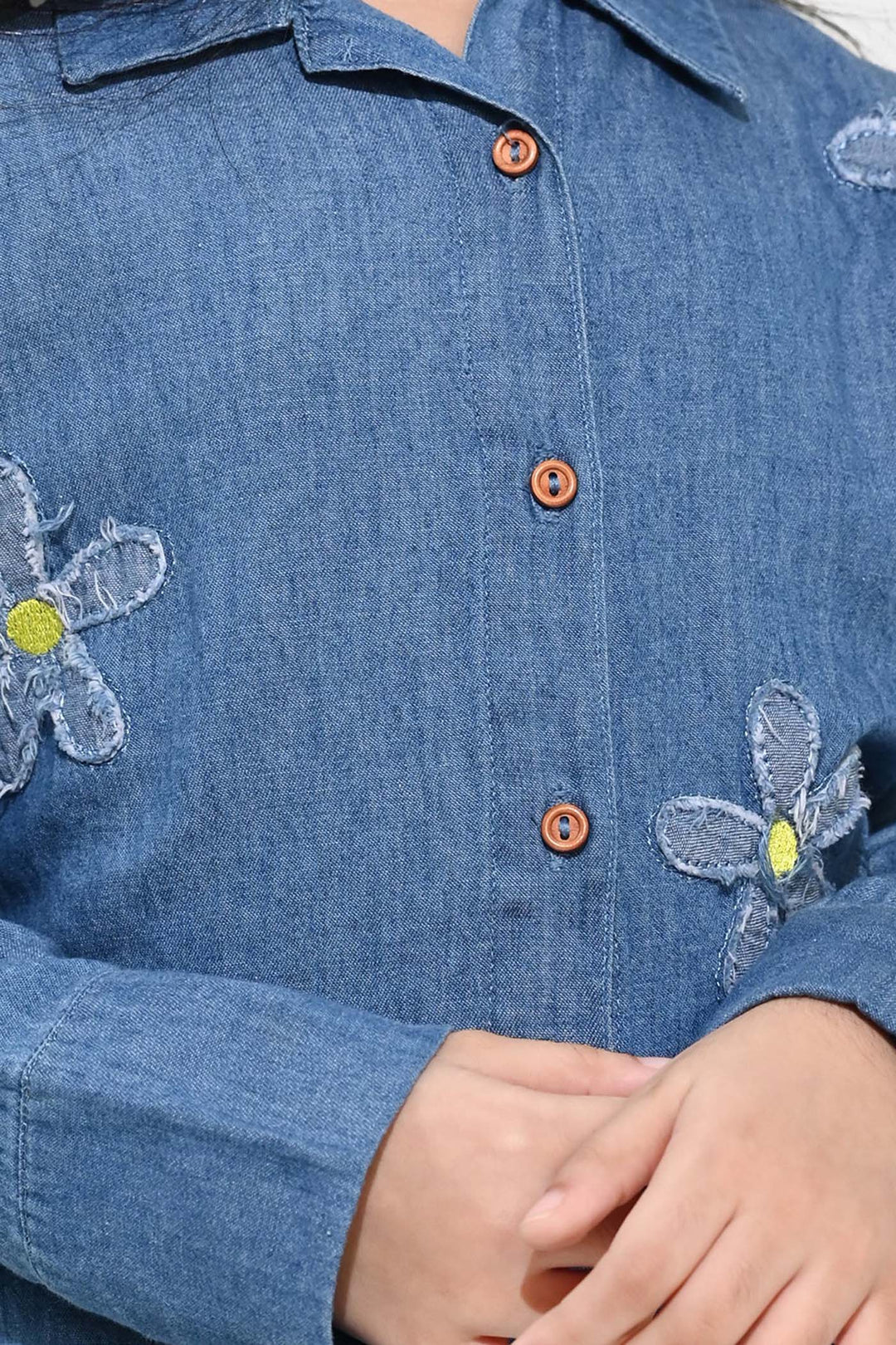 Girls Tensile Denim (Light Denim) Emb Top Flowers-Mid Blue