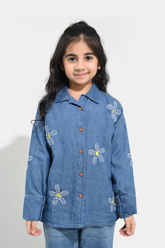 Girls Tensile Denim (Light Denim) Emb Top Flowers-Mid Blue
