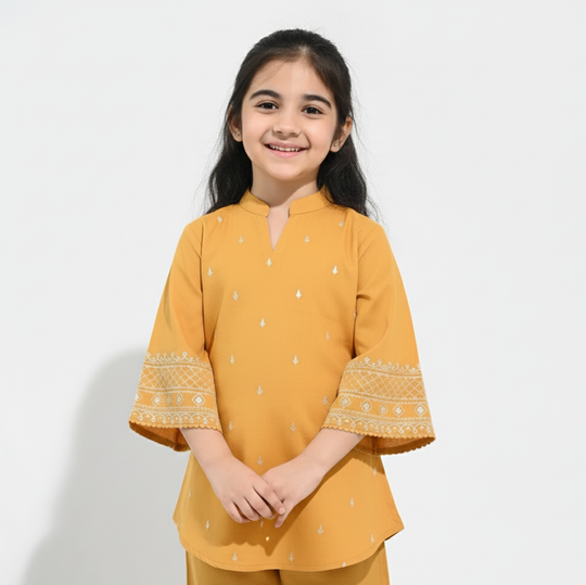Girls Cotton Slub Emb Top Flowy-Mustard