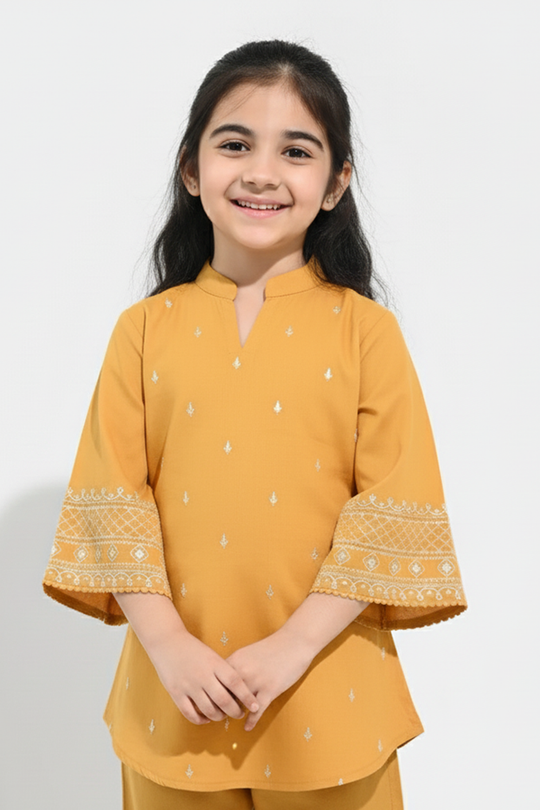 Girls Cotton Slub Emb Top Flowy-Mustard