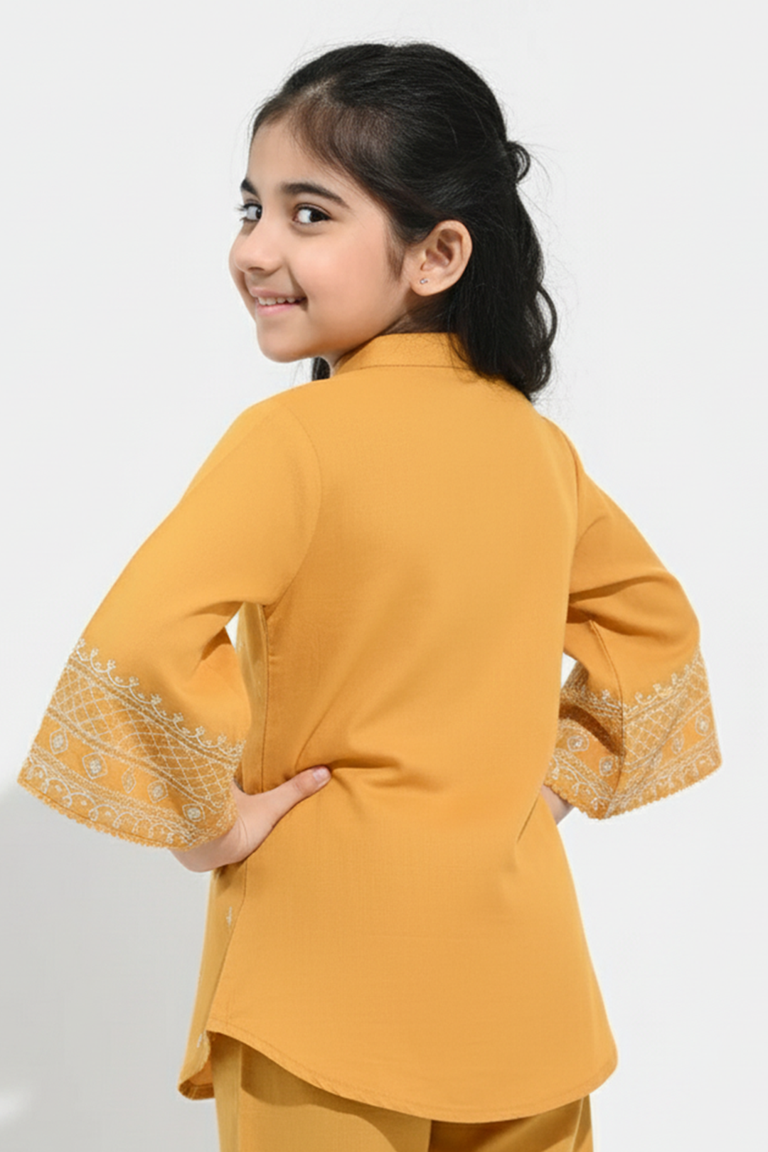 Girls Cotton Slub Emb Top Flowy-Mustard