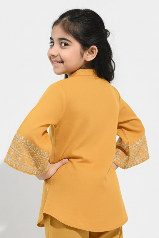 Girls Cotton Slub Emb Top Flowy-Mustard