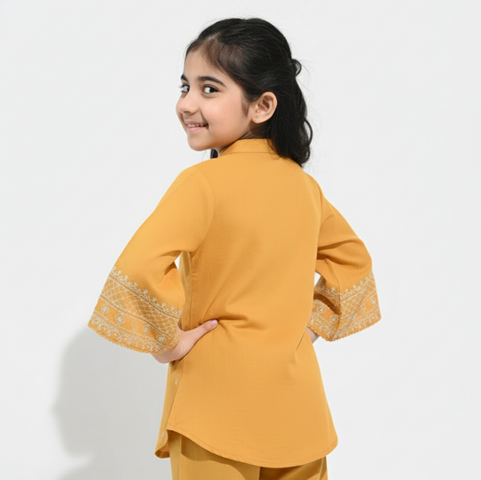 Girls Cotton Slub Emb Top Flowy-Mustard