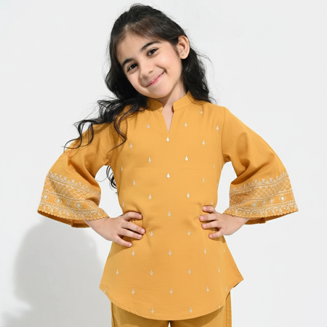 Girls Cotton Slub Emb Top Flowy-Mustard