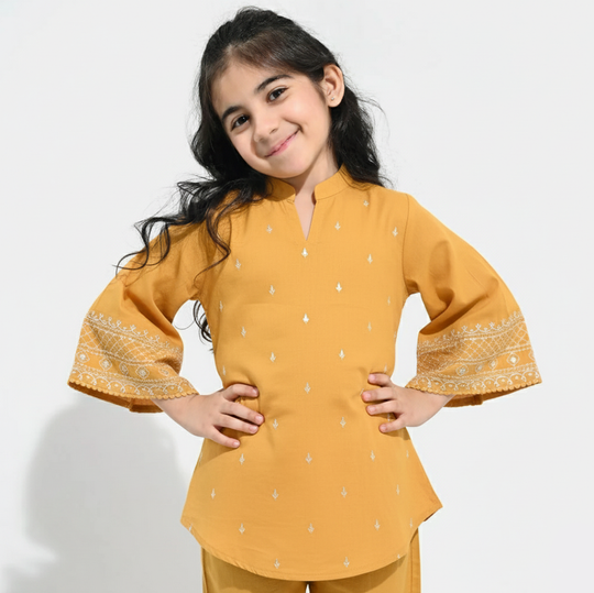 Girls Cotton Slub Emb Top Flowy-Mustard