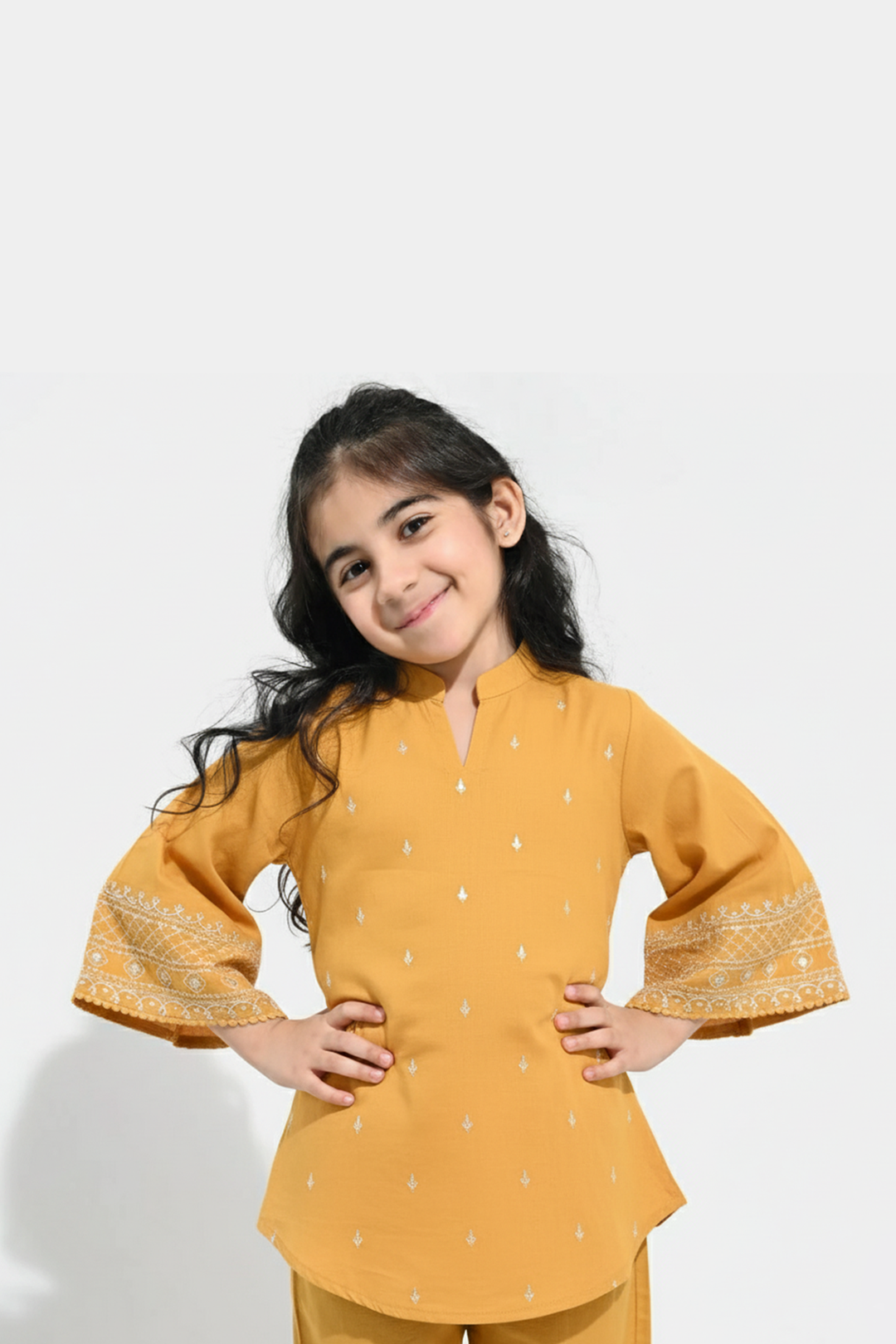 Girls Cotton Slub Emb Top Flowy-Mustard