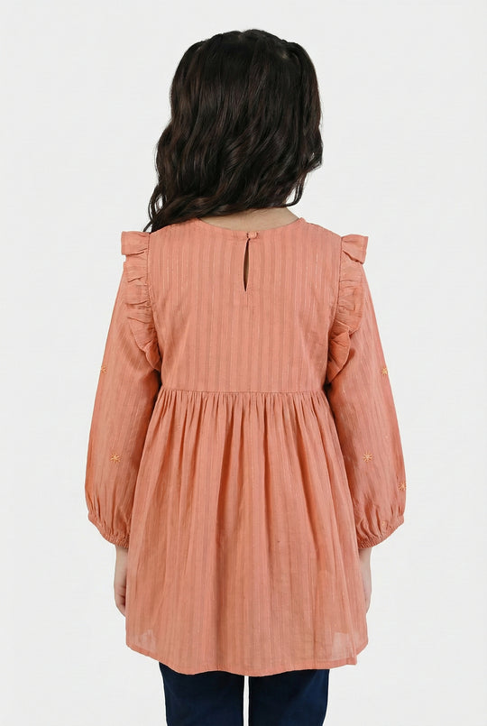 Girls Cotton Emb Top Rusty Ruffles-Rust