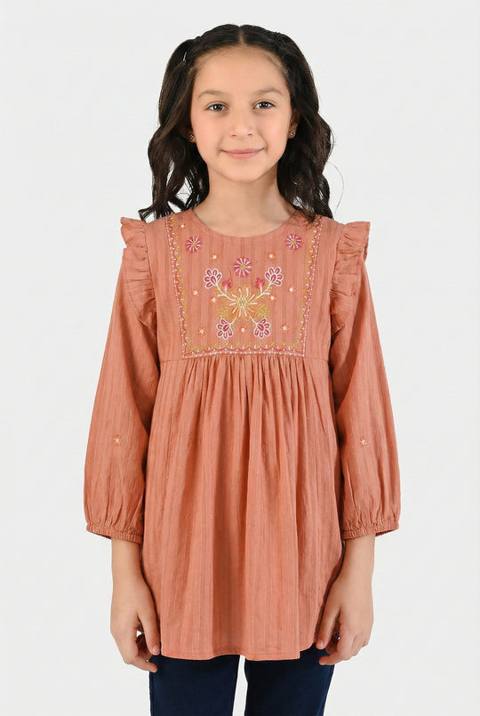 Girls Cotton Emb Top Rusty Ruffles-Rust