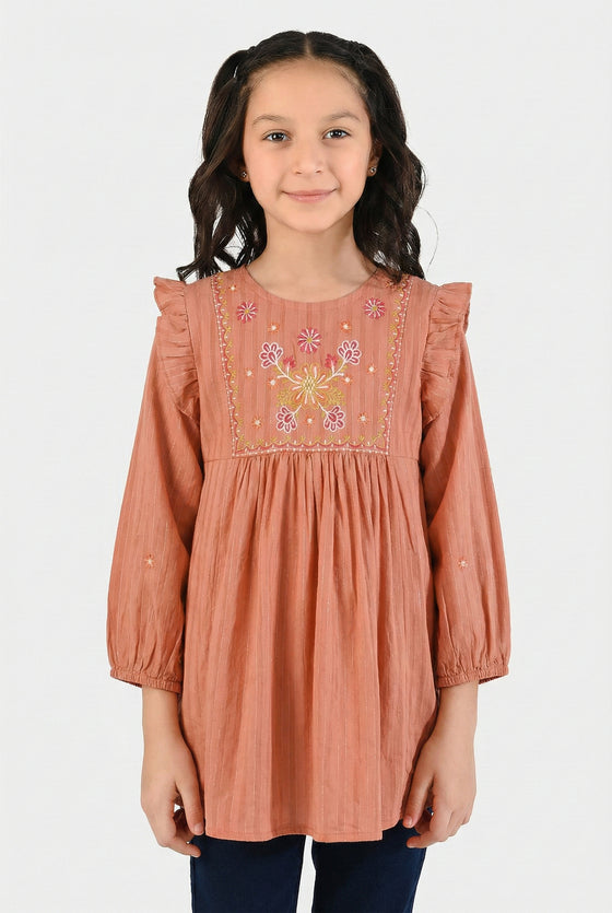 Girls Cotton Emb Top Rusty Ruffles-Rust