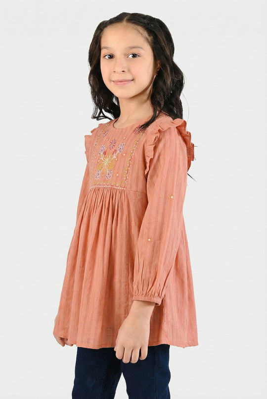 Girls Cotton Emb Top Rusty Ruffles-Rust