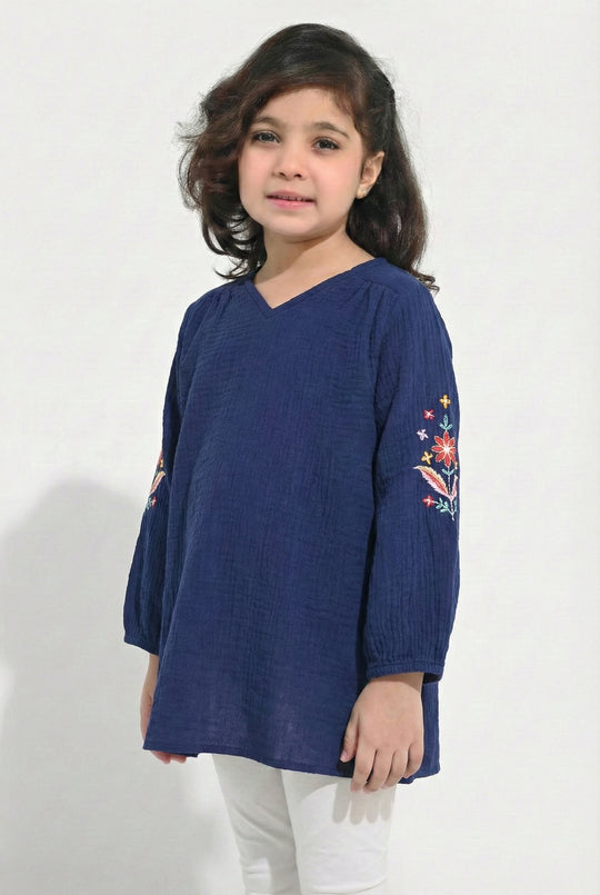 Girls Cotton Embroidered Top Bouquet - Navy Blue