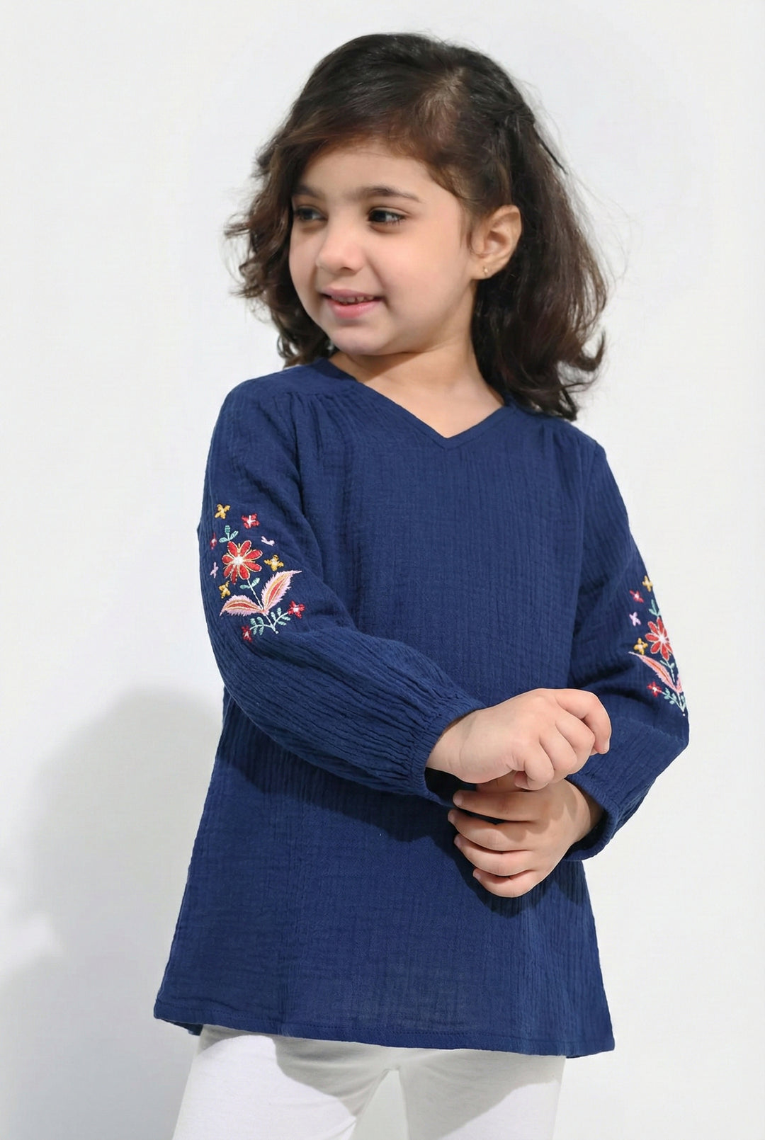 Girls Cotton Embroidered Top Bouquet - Navy Blue