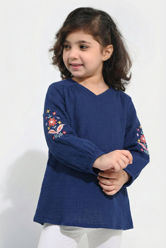Girls Cotton Embroidered Top Bouquet - Navy Blue