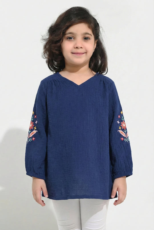 Girls Cotton Embroidered Top Bouquet - Navy Blue