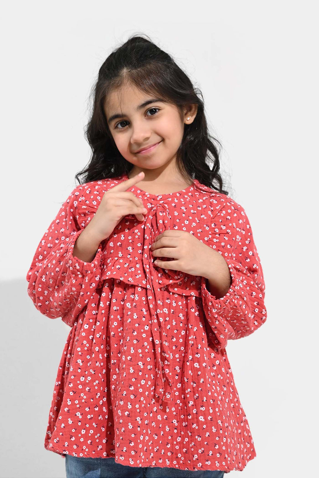 Girls Cotton Casual Frock White Flowers - RED