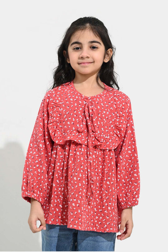 Girls Cotton Casual Frock White Flowers - RED