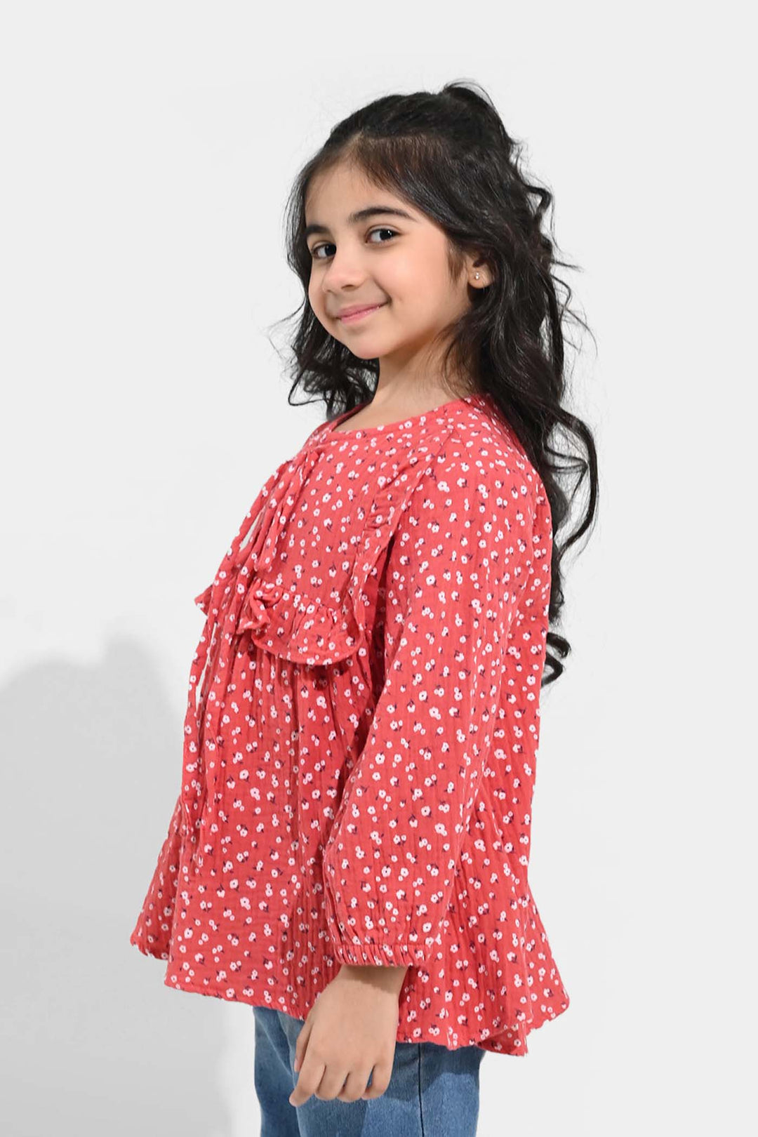 Girls Cotton Casual Frock White Flowers - RED