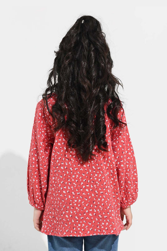 Girls Cotton Casual Frock White Flowers - RED