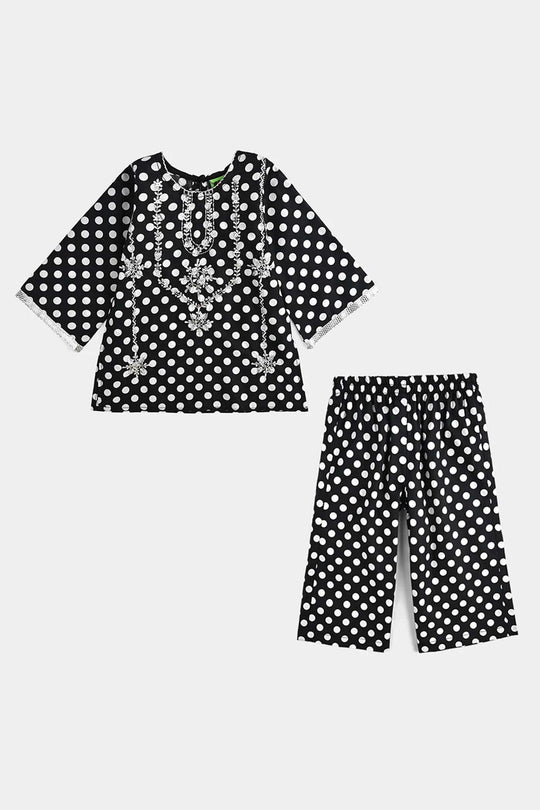 Infant Girls Cotton Poplin Printed & Emb 2 Pcs Polka Dote - BLACK