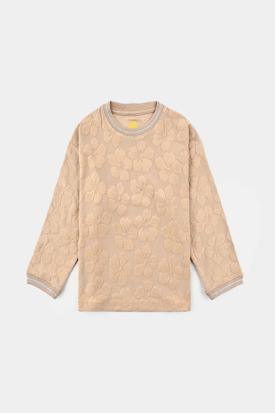 Girls Jacquard T-Shirt F/S KHAKI FLOWER FABRIC - BROWN