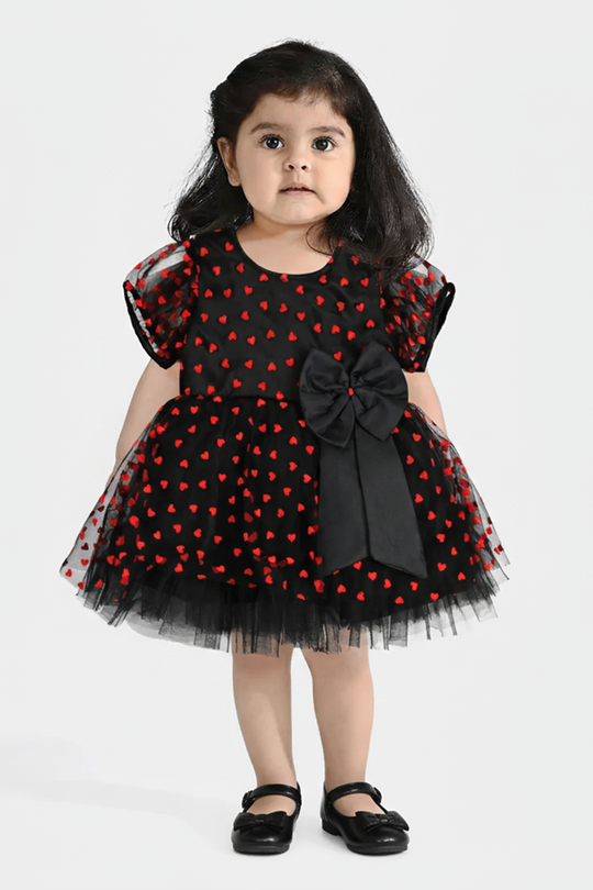 Infant Girls Velvet Fancy Frock-Heart-Red