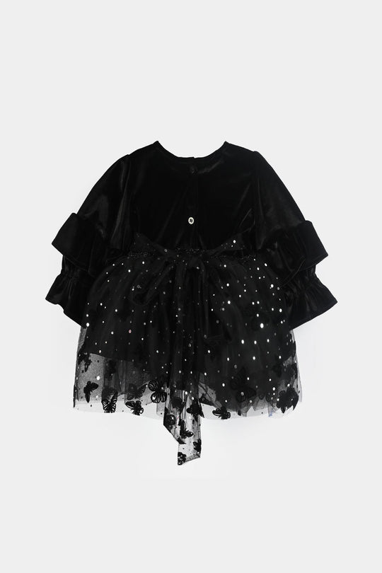 Infant Girls Velvet Fancy Frock-Butterfly-BLACK