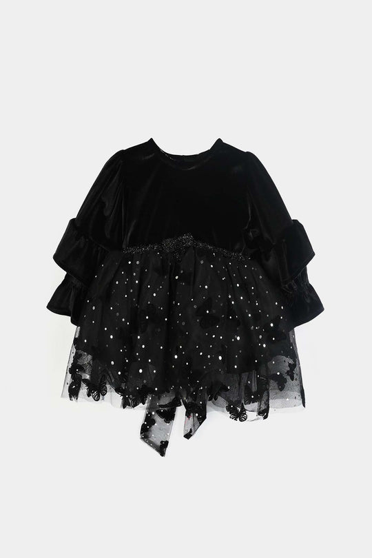 Infant Girls Velvet Fancy Frock-Butterfly-BLACK