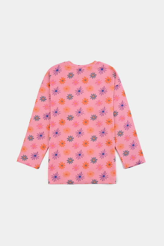 Girls 2x1 Rib T-Shirt F/S MULTI FLOWER - Pink