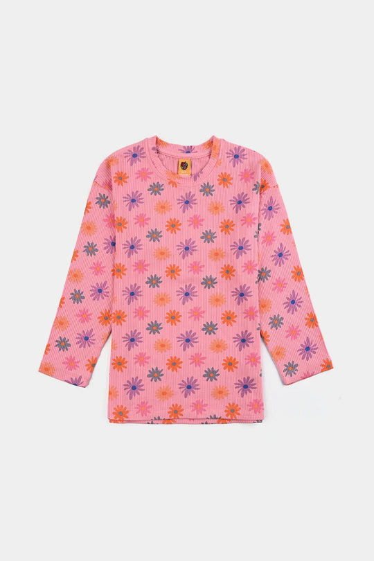 Girls 2x1 Rib T-Shirt F/S MULTI FLOWER - Pink