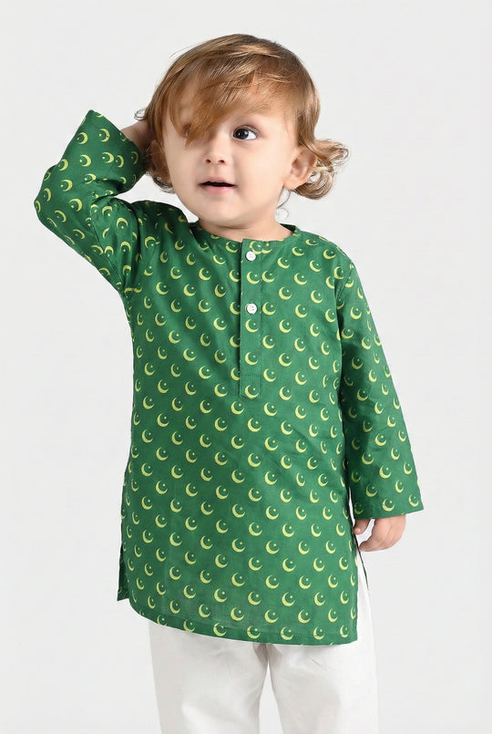 Infant Boys Cotton Poplin Printed Kurta Independence Day-GREEN