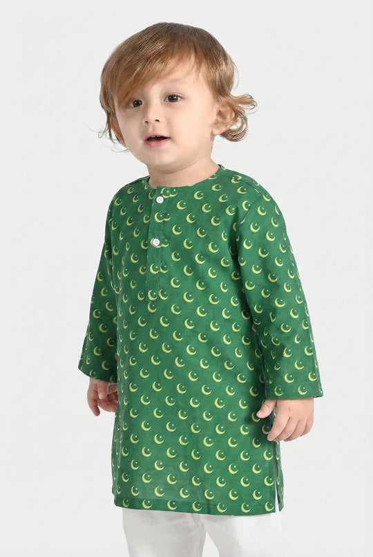 Infant Boys Cotton Poplin Printed Kurta Independence Day-GREEN