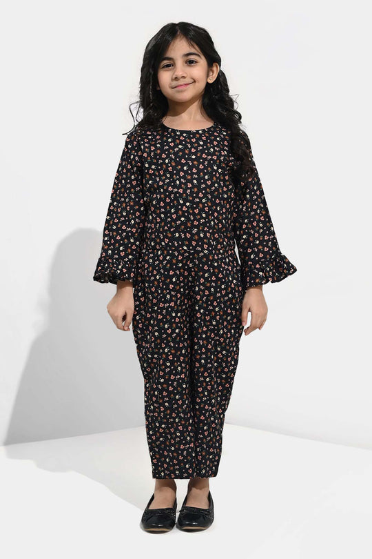 Girls Cotton Poplin Jumpsuit Rust Flowers-BLACK