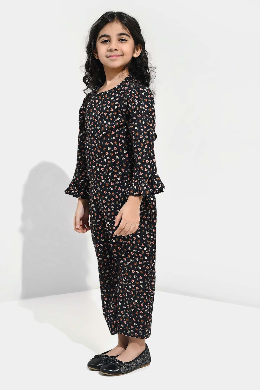 Girls Cotton Poplin Jumpsuit Rust Flowers-BLACK