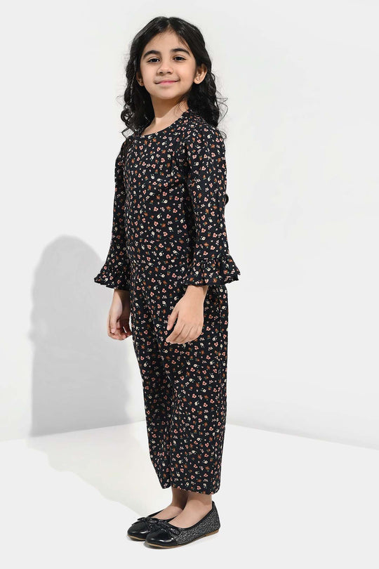 Girls Cotton Poplin Jumpsuit Rust Flowers-BLACK