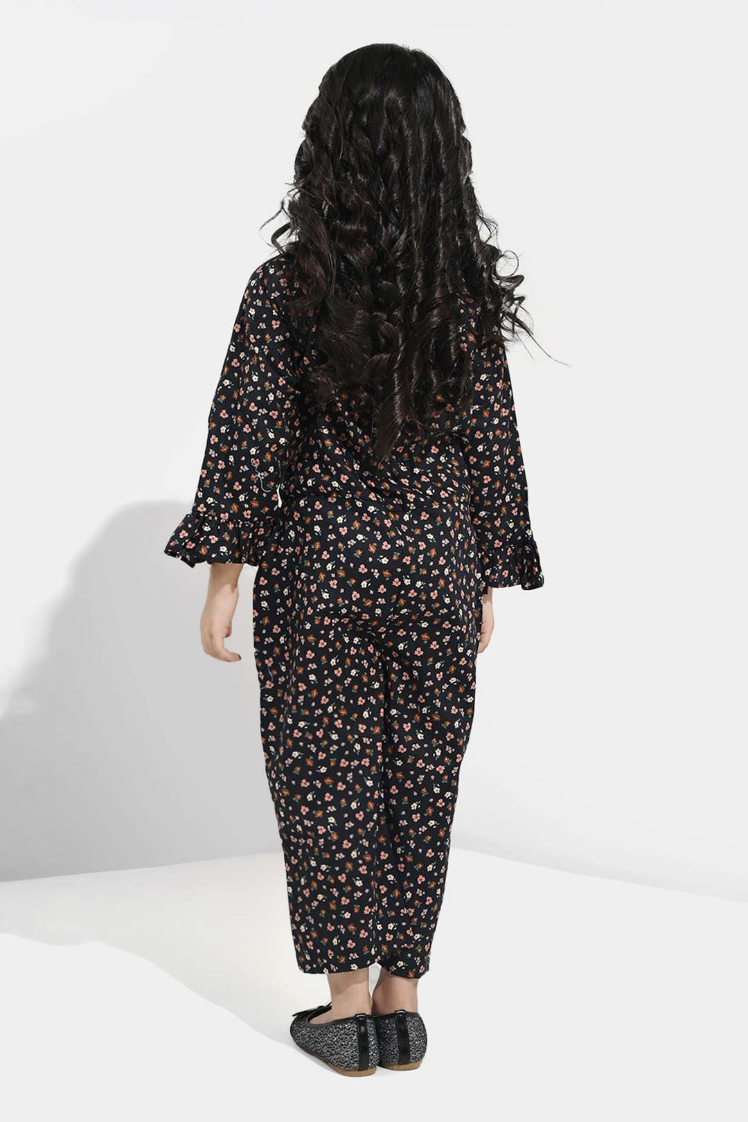 Girls Cotton Poplin Jumpsuit Rust Flowers-BLACK