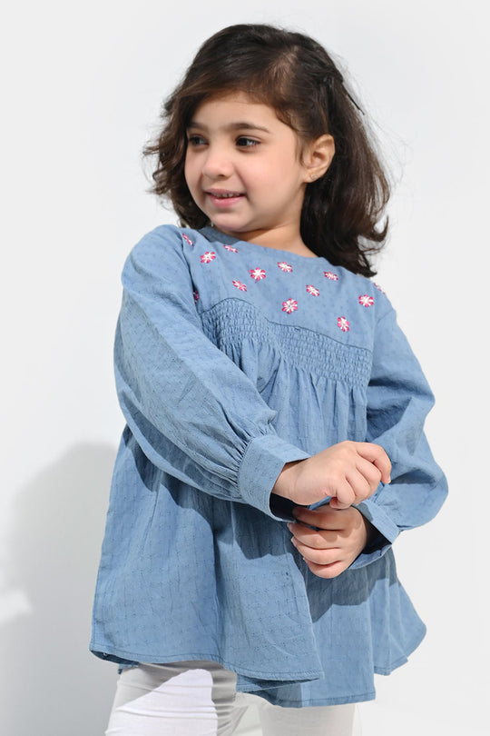 Girls Dobby Emb Top Smoking Wiggle-Blue