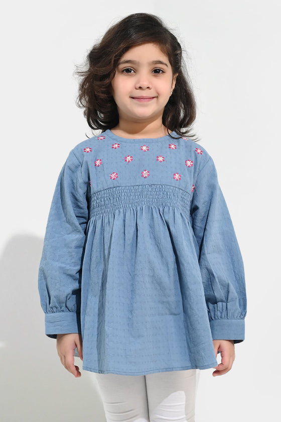 Girls Dobby Emb Top Smoking Wiggle-Blue